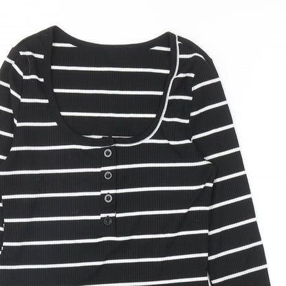 SheIn Womens Black Striped Polyester Basic T-Shirt Size S Scoop Neck