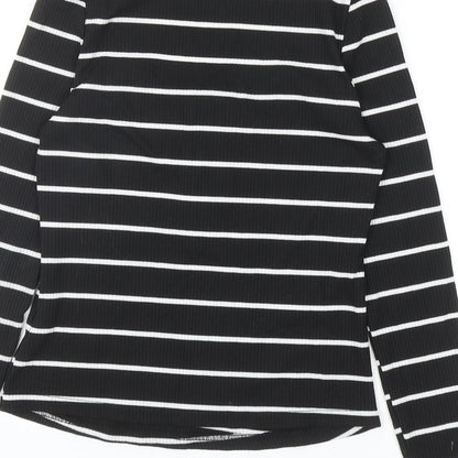 SheIn Womens Black Striped Polyester Basic T-Shirt Size S Scoop Neck