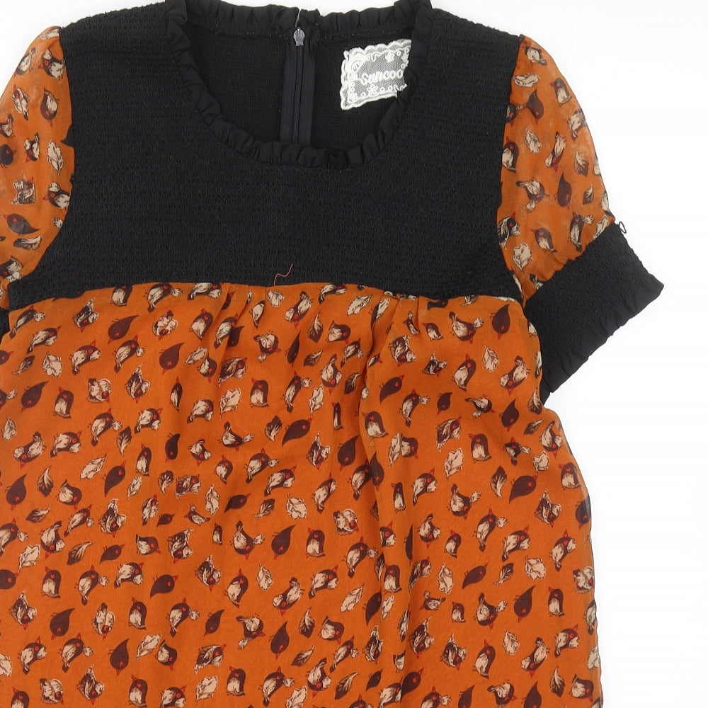 Suncoo Womens Orange Geometric Polyester Mini Size M Round Neck Zip