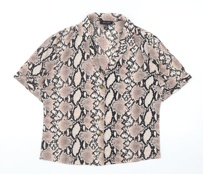 New Look Womens Brown Animal Print Polyester Basic Button-Up Size 8 V-Neck