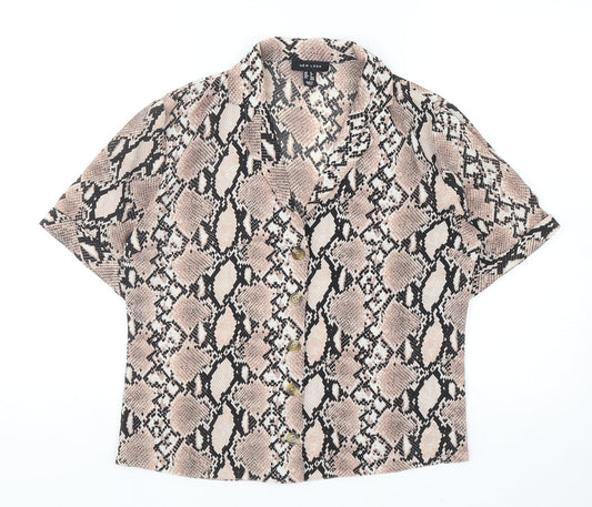 New Look Womens Brown Animal Print Polyester Basic Button-Up Size 8 V-Neck