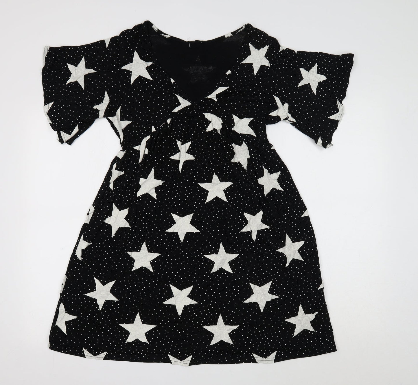 Boohoo Womens Black Geometric Viscose Mini Size 8 V-Neck Pullover - Star Print