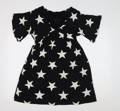 Boohoo Womens Black Geometric Viscose Mini Size 8 V-Neck Pullover - Star Print