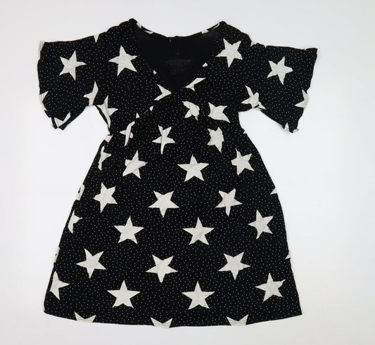 Boohoo Womens Black Geometric Viscose Mini Size 8 V-Neck Pullover - Star Print