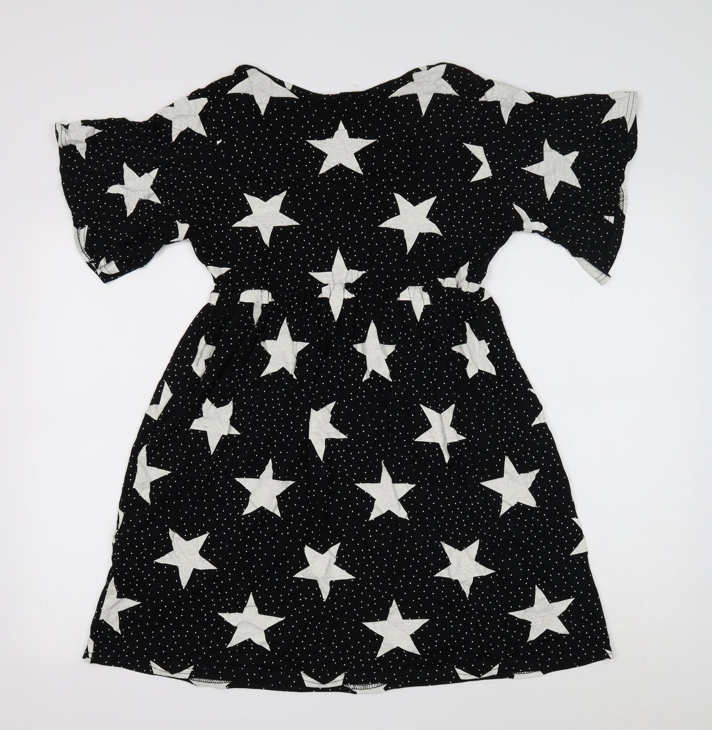 Boohoo Womens Black Geometric Viscose Mini Size 8 V-Neck Pullover - Star Print