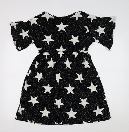 Boohoo Womens Black Geometric Viscose Mini Size 8 V-Neck Pullover - Star Print