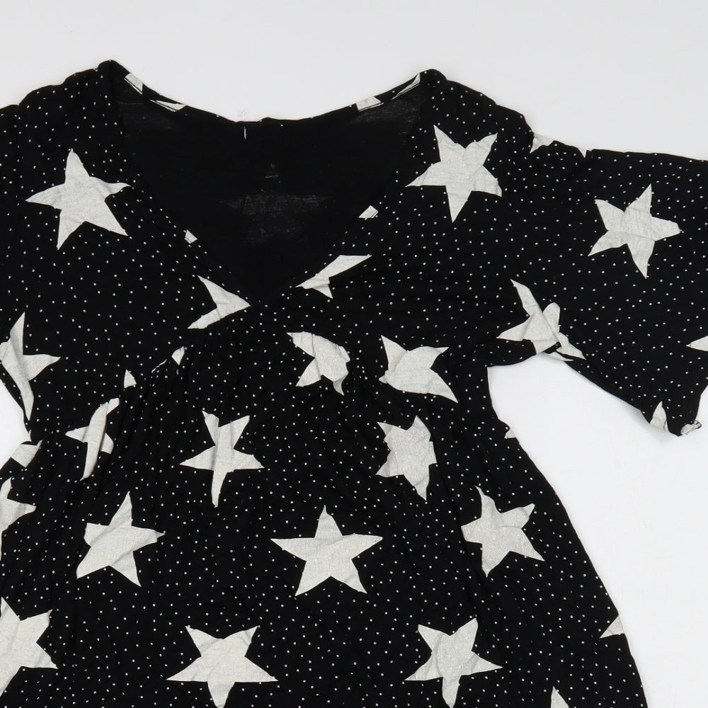 Boohoo Womens Black Geometric Viscose Mini Size 8 V-Neck Pullover - Star Print