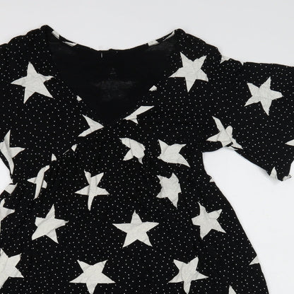 Boohoo Womens Black Geometric Viscose Mini Size 8 V-Neck Pullover - Star Print