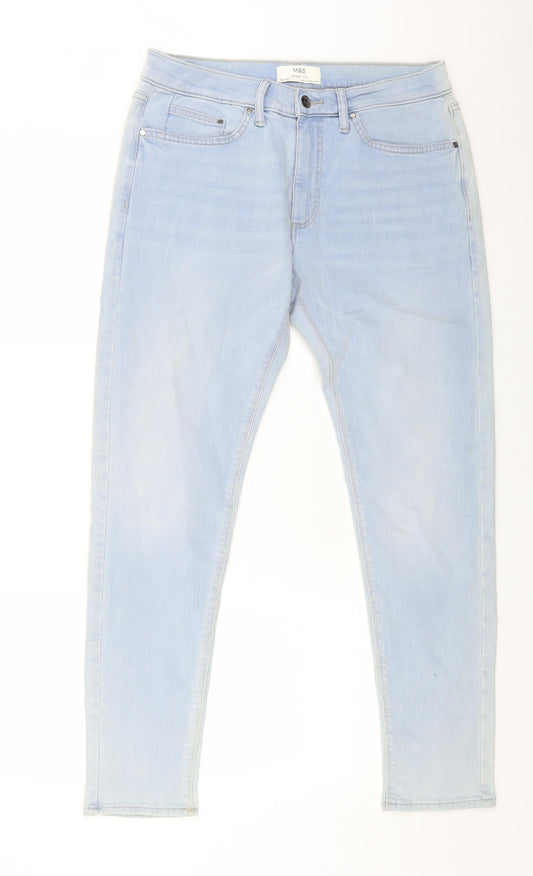 Marks and Spencer Mens Blue Cotton Skinny Jeans Size 32 in L31 in Regular Button