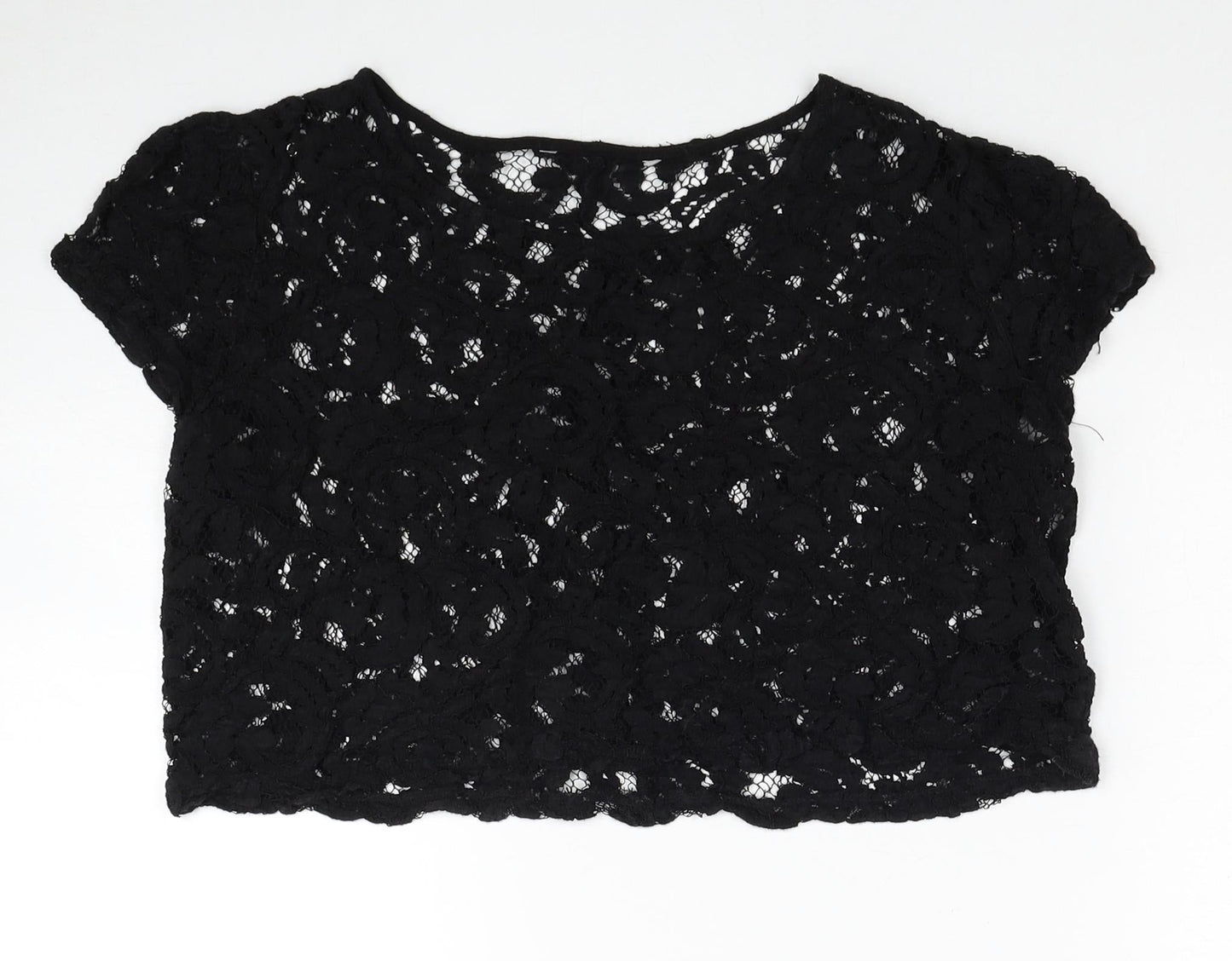 TU Womens Black Cotton Cropped Blouse Size 12 Boat Neck