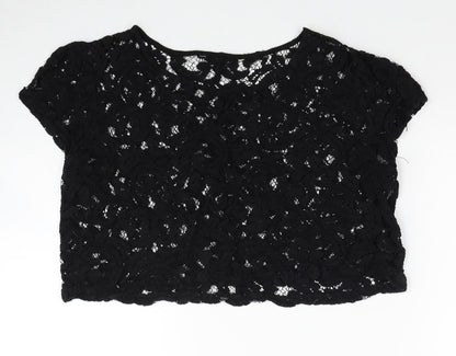 TU Womens Black Cotton Cropped Blouse Size 12 Boat Neck