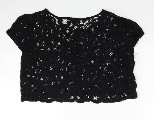 TU Womens Black Cotton Cropped Blouse Size 12 Boat Neck