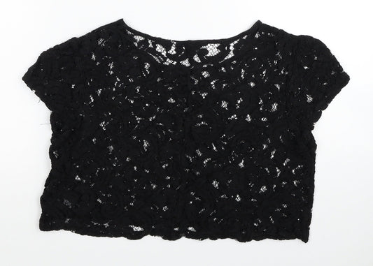 TU Womens Black Cotton Cropped Blouse Size 12 Boat Neck