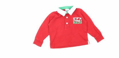 Baby Boys Red 100% Cotton Basic Button-Up Size 12 Months Round Neck Button - Welsh Flag