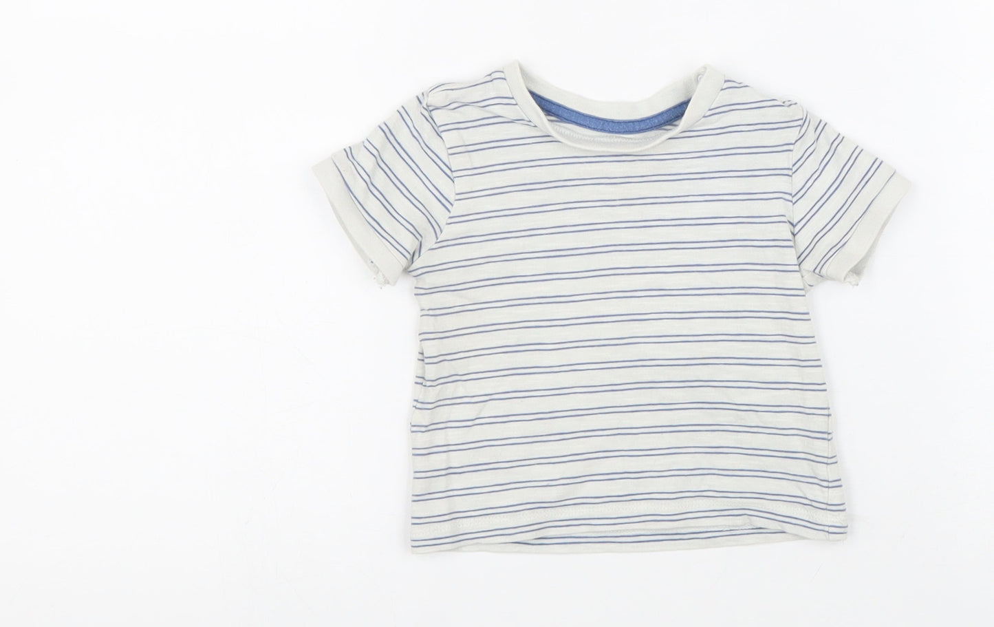 Preworn Boys White Striped 100% Cotton Basic T-Shirt Size 6-9 Months Round Neck Button