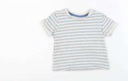 Preworn Boys White Striped 100% Cotton Basic T-Shirt Size 6-9 Months Round Neck Button