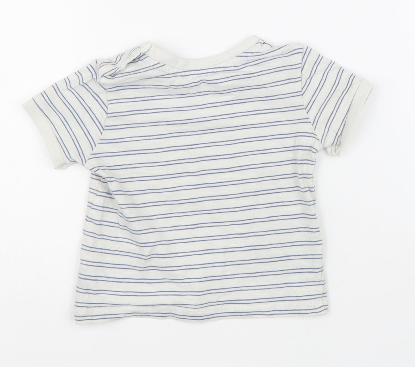 Preworn Boys White Striped 100% Cotton Basic T-Shirt Size 6-9 Months Round Neck Button