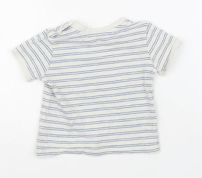 Preworn Boys White Striped 100% Cotton Basic T-Shirt Size 6-9 Months Round Neck Button