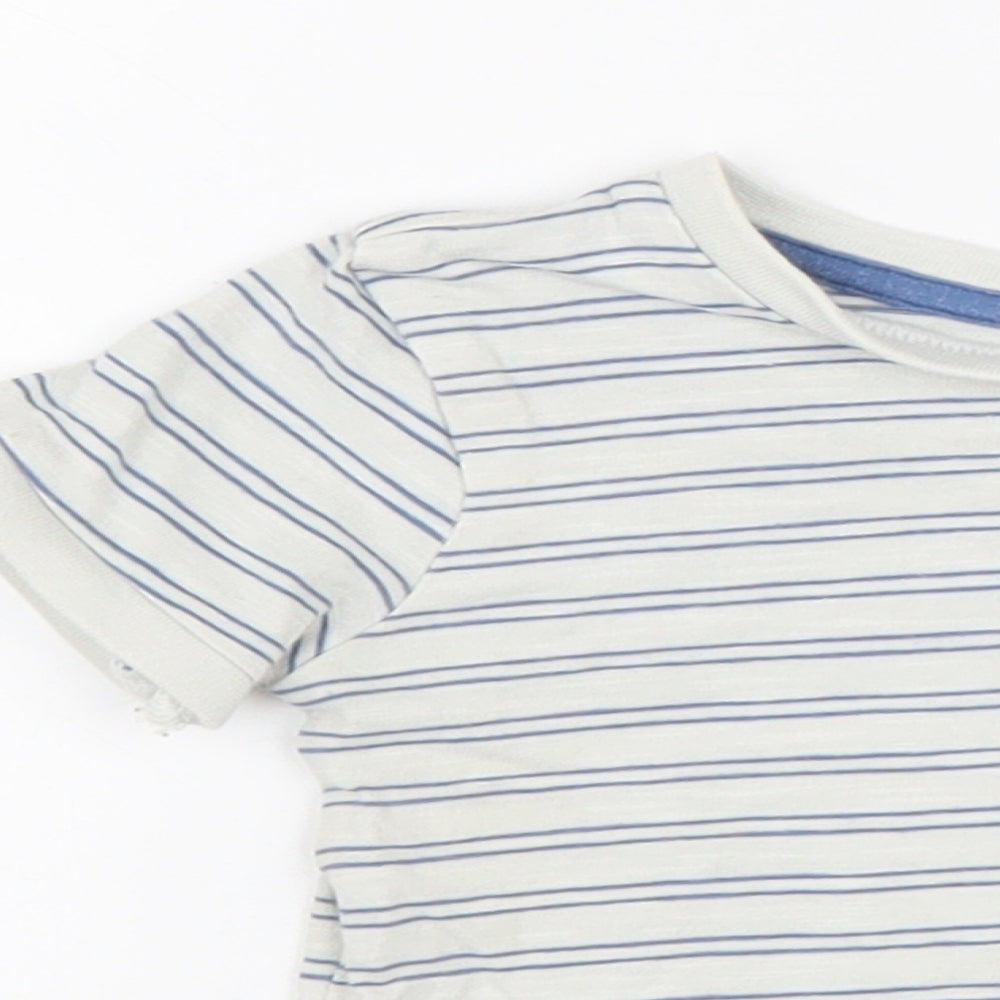 Preworn Boys White Striped 100% Cotton Basic T-Shirt Size 6-9 Months Round Neck Button