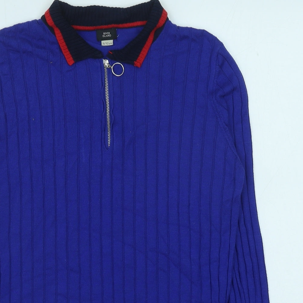 River Island Girls Blue Viscose Pullover Casual Size 11-12 Years V-Neck Zip