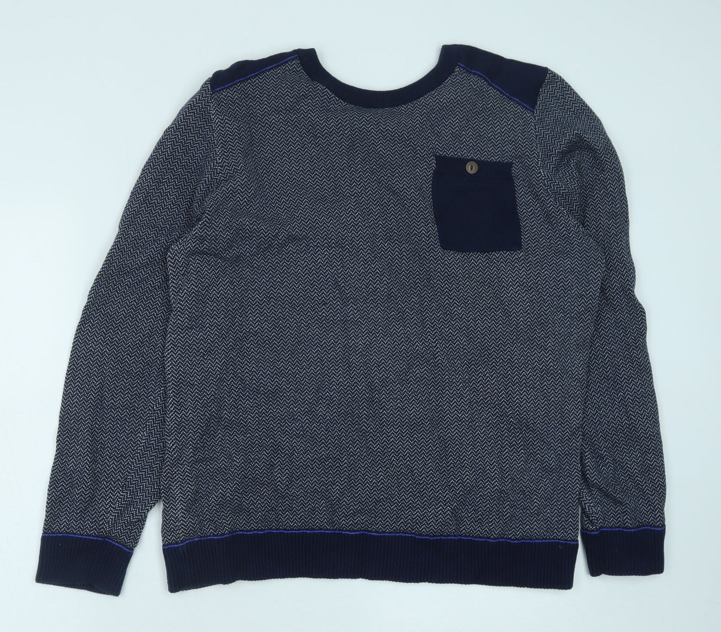 George Mens Blue Round Neck Geometric Cotton Pullover Jumper Size L