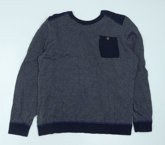 George Mens Blue Round Neck Geometric Cotton Pullover Jumper Size L