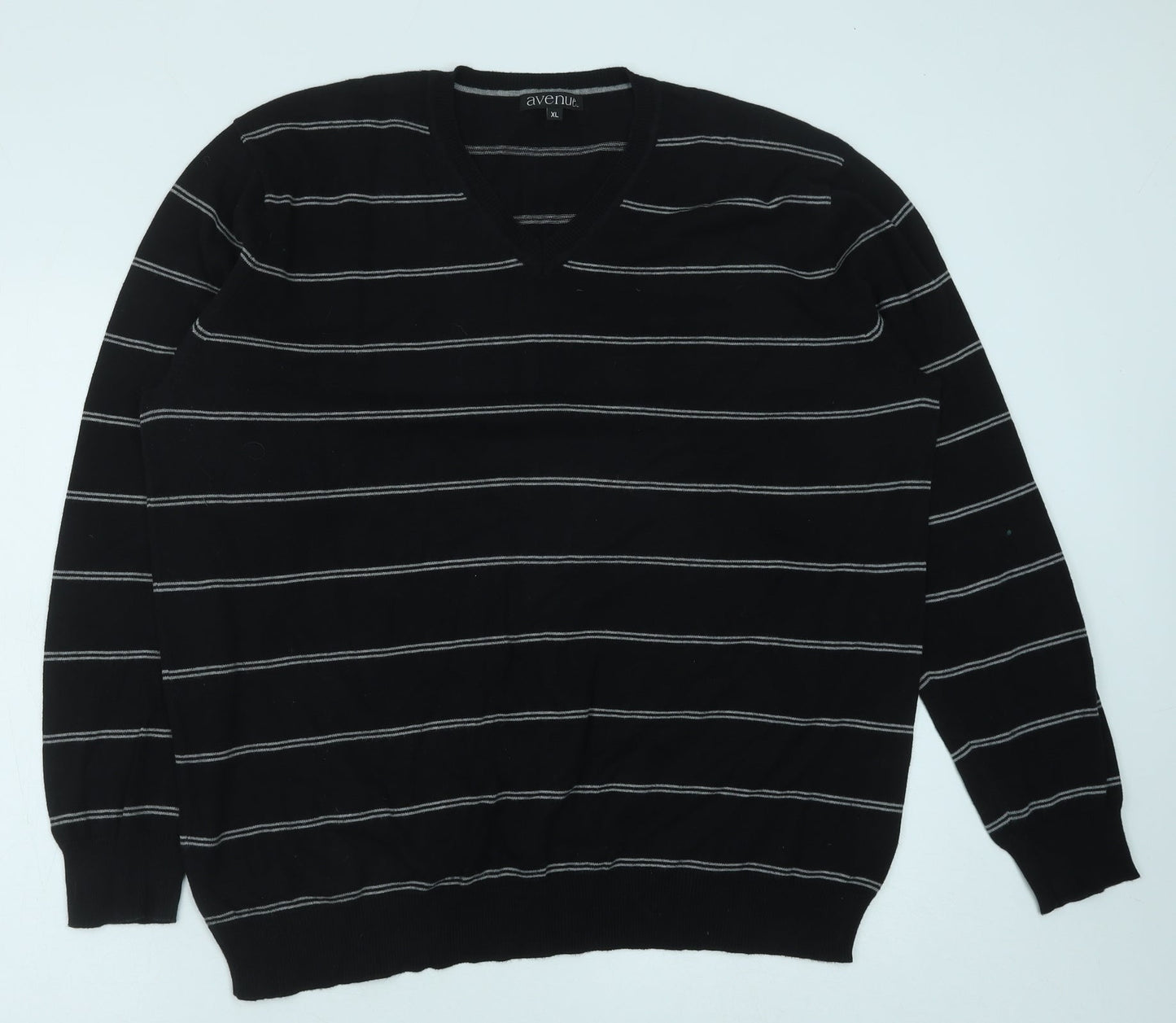 Avenue Mens Black V-Neck Striped Cotton Pullover Jumper Size XL