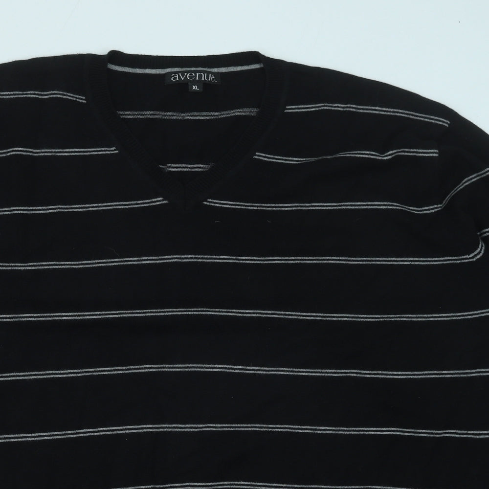Avenue Mens Black V-Neck Striped Cotton Pullover Jumper Size XL