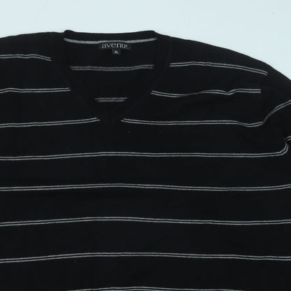 Avenue Mens Black V-Neck Striped Cotton Pullover Jumper Size XL