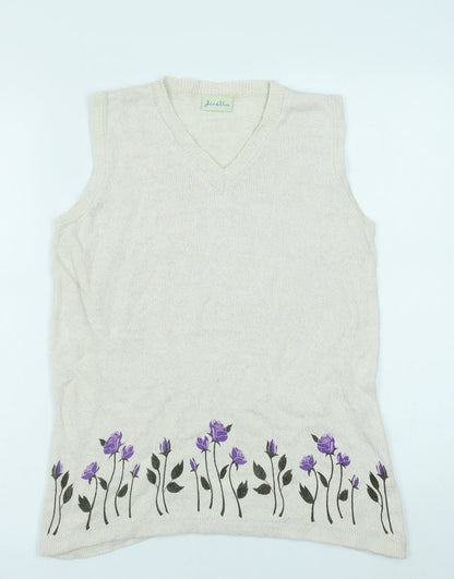 Joie De Vivre Womens White V-Neck Floral Cotton Vest Jumper Size M