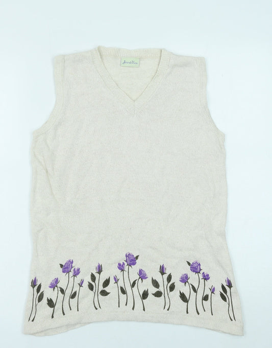Joie De Vivre Womens White V-Neck Floral Cotton Vest Jumper Size M