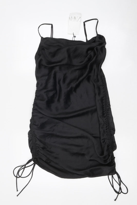 Zara Womens Black Polyester Mini Size S Cowl Neck Drawstring