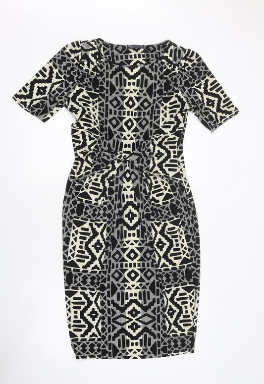 Marks and Spencer Womens Black Geometric Polyester Mini Size 12 Boat Neck Pullover