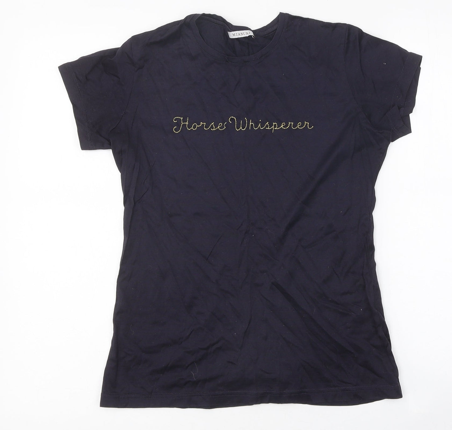 Mia Suki Womens Blue Polyester Basic T-Shirt Size M Round Neck