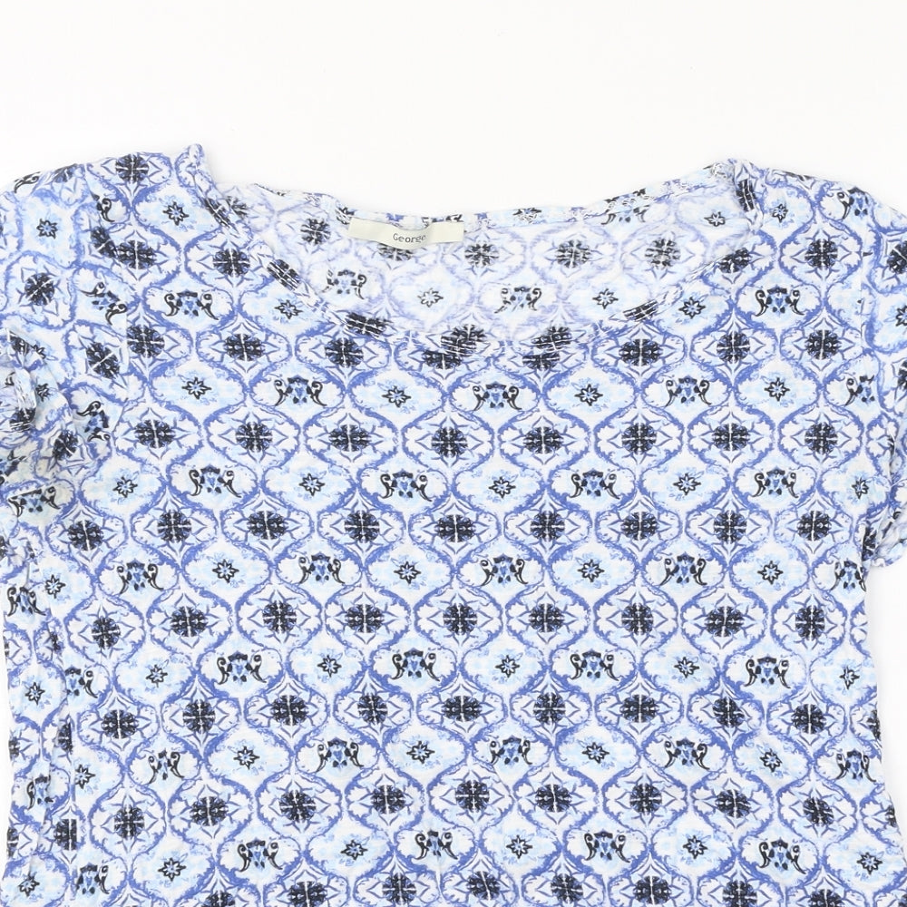 George Womens Blue Geometric Polyester Basic T-Shirt Size 8 Round Neck