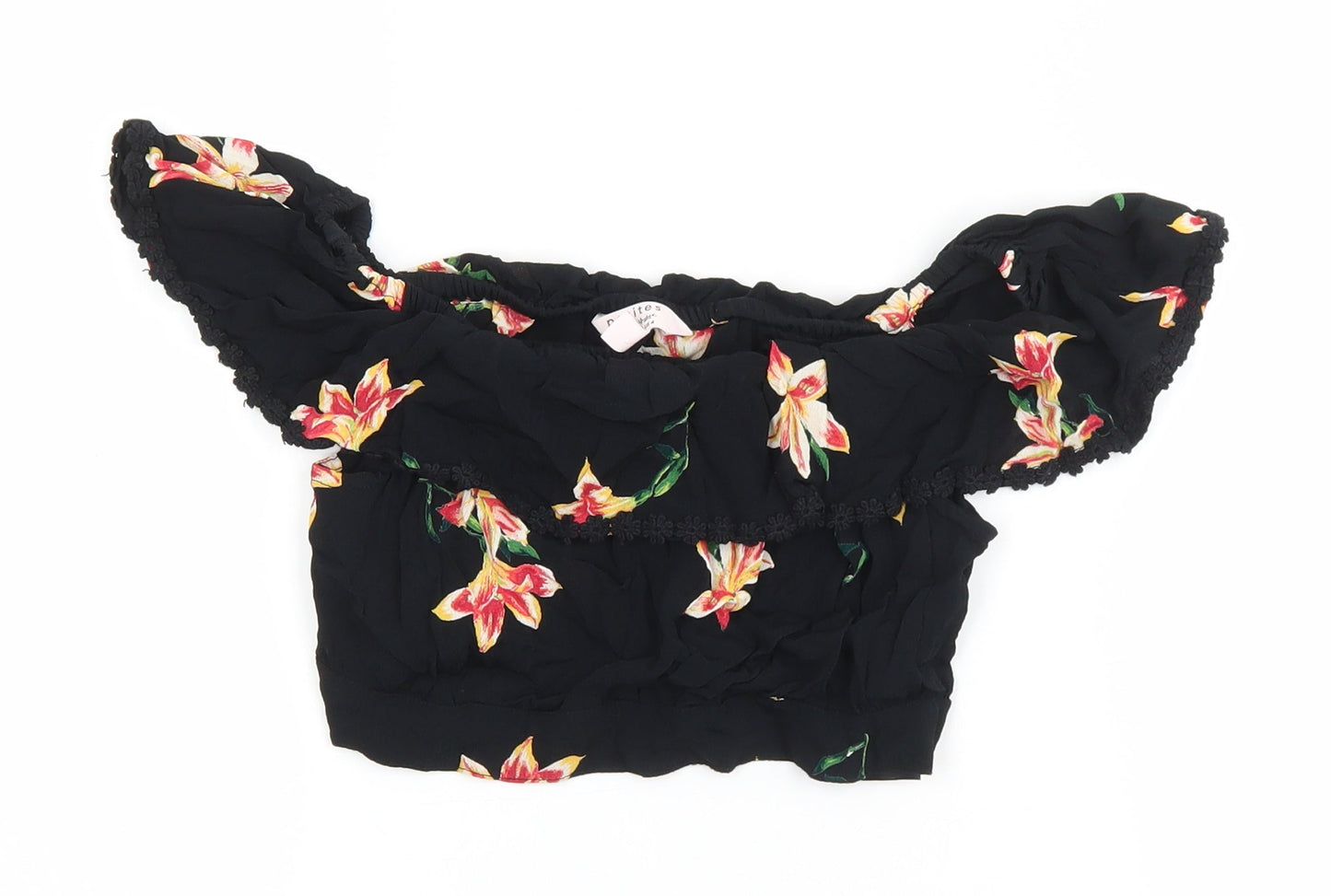 Miss Selfridge Womens Black Floral Polyester Cropped Blouse Size 8 Off the Shoulder - Bardot Embroidered Trim