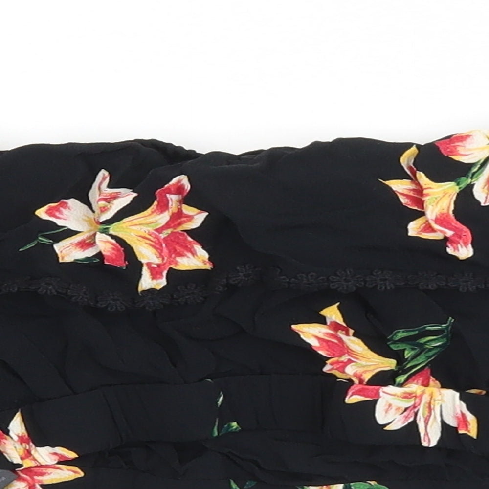 Miss Selfridge Womens Black Floral Polyester Cropped Blouse Size 8 Off the Shoulder - Bardot Embroidered Trim
