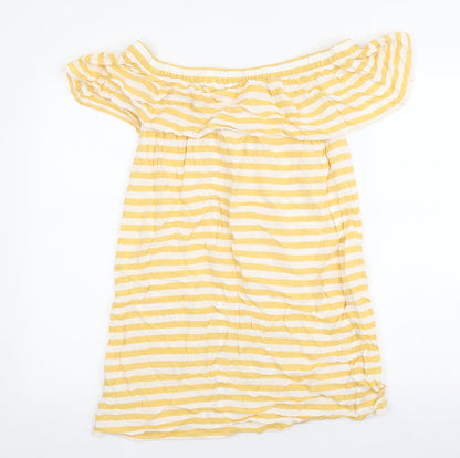Papaya Womens Yellow Striped Viscose Mini Size 8 Off the Shoulder Pullover