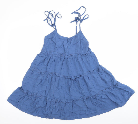 SheIn Womens Blue Viscose Trapeze & Swing Size S Round Neck Tie - Tiered