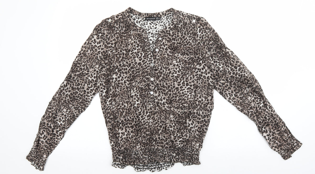 Atmosphere Womens Brown Animal Print Polyester Basic Blouse Size 8 V-Neck - Leopard Print