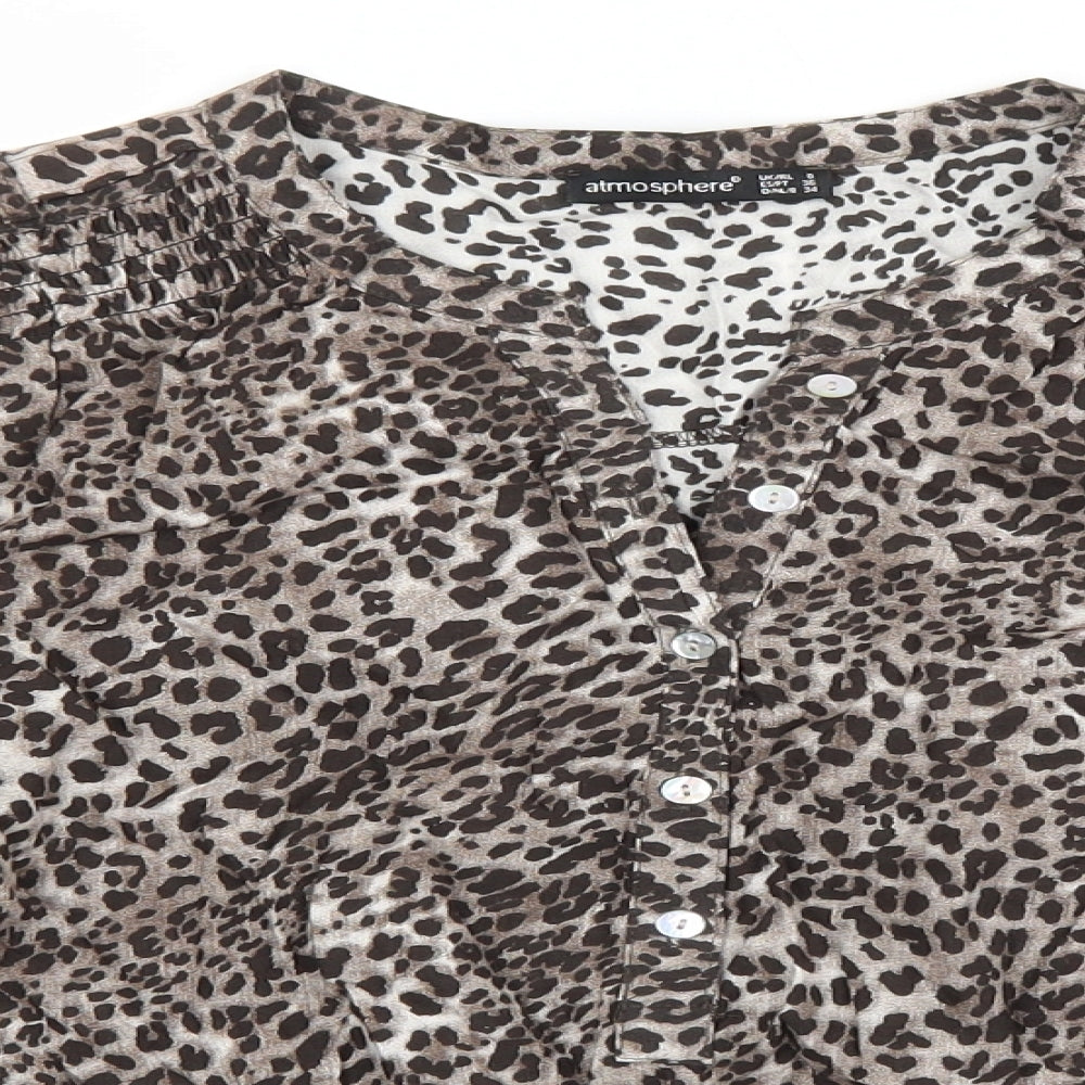 Atmosphere Womens Brown Animal Print Polyester Basic Blouse Size 8 V-Neck - Leopard Print