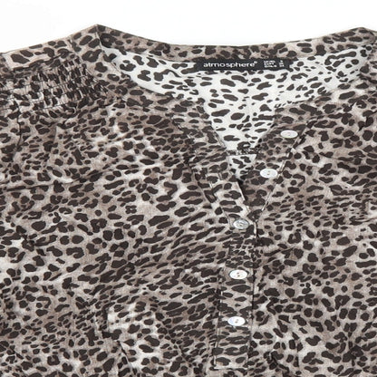 Atmosphere Womens Brown Animal Print Polyester Basic Blouse Size 8 V-Neck - Leopard Print