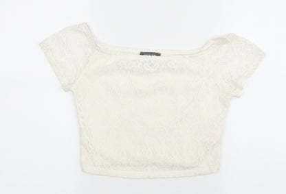 Primark Womens Ivory Polyester Cropped Blouse Size 8 Boat Neck