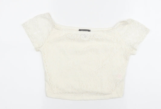 Primark Womens Ivory Polyester Cropped Blouse Size 8 Boat Neck