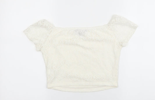 Primark Womens Ivory Polyester Cropped Blouse Size 8 Boat Neck