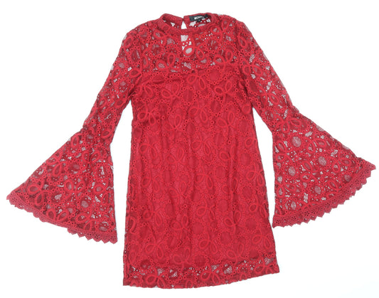 Missguided Womens Red Polyester Mini Size 6 Roll Neck Button - Voluminous Sleeves