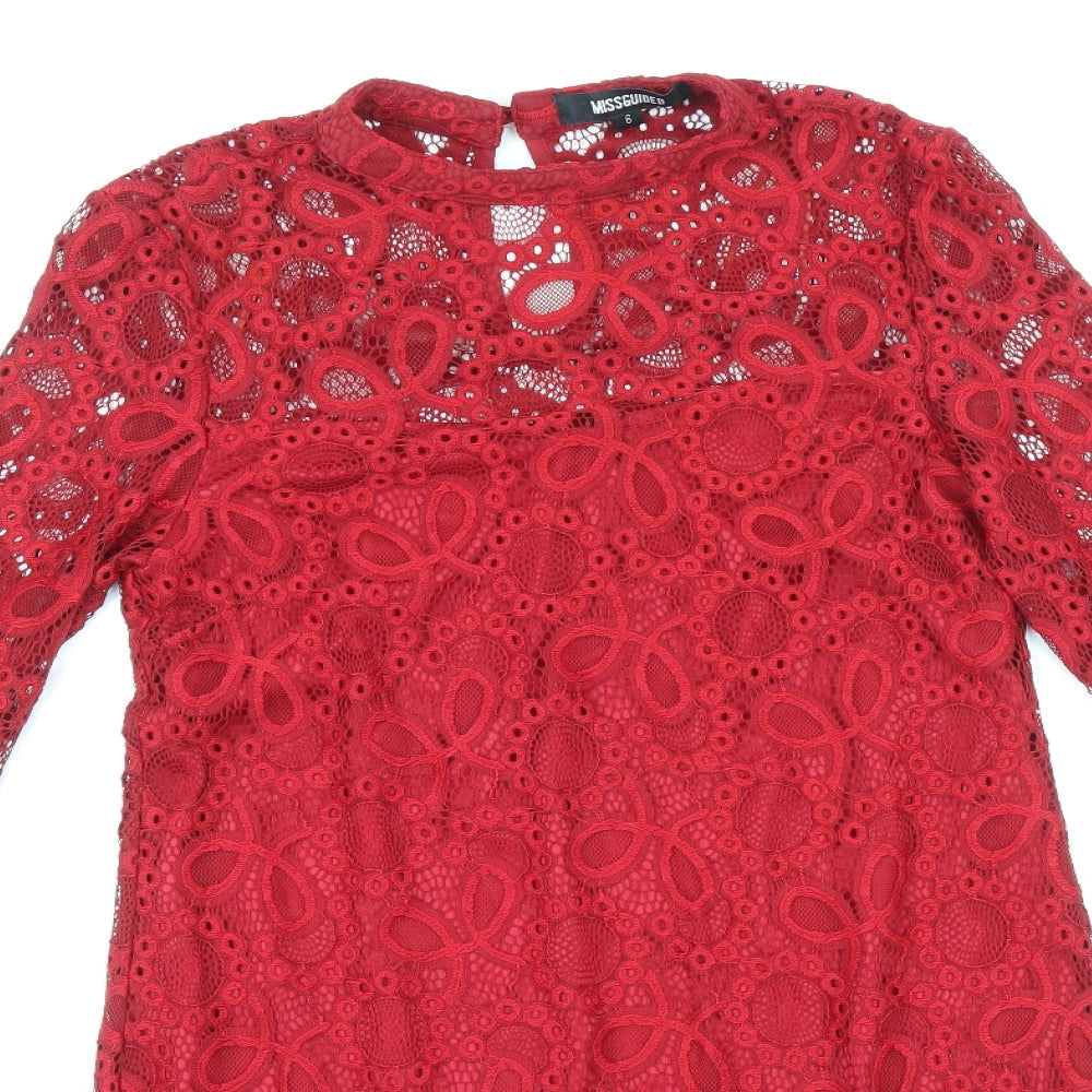 Missguided Womens Red Polyester Mini Size 6 Roll Neck Button - Voluminous Sleeves