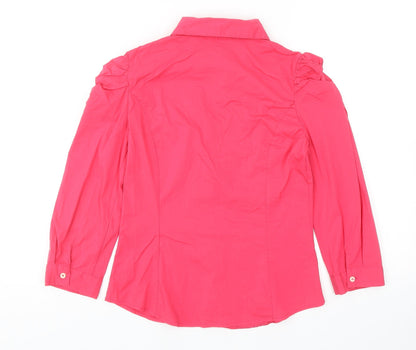 Preworn Womens Pink Polyester Basic Button-Up Size S Collared - Ruched Sleeves