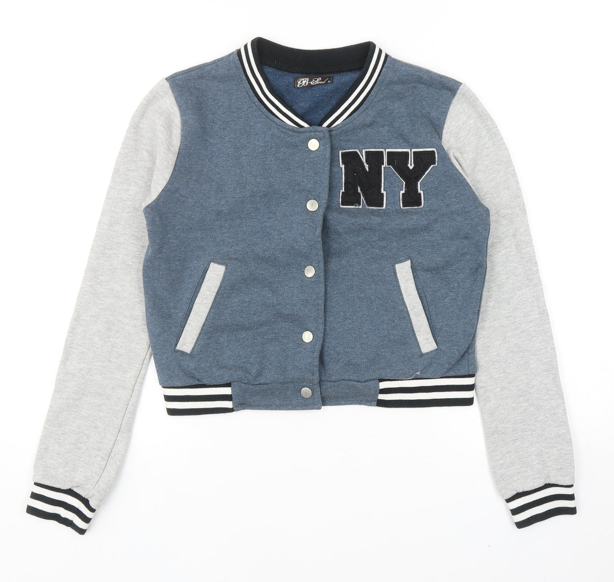 Front view of Brave Soul boys’ blue colourblock varsity jacket jacket, size S, snap - ny initials