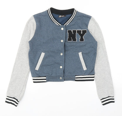 Front view of Brave Soul boys’ blue colourblock varsity jacket jacket, size S, snap - ny initials